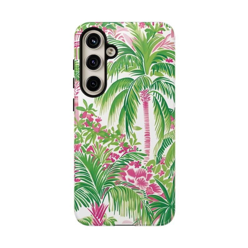 May include: A white phone case with a tropical print featuring green palm trees and pink flowers.