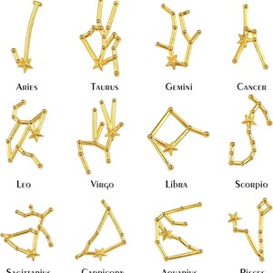 May include: Gold zodiac constellation charms featuring the signs Aries, Taurus, Gemini, Cancer, Leo, Virgo, Libra, Scorpio, Sagittarius, Capricorn, Aquarius, and Pisces.