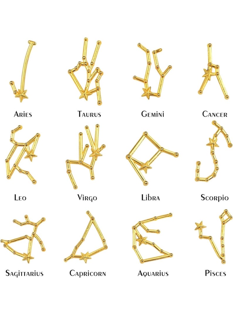 May include: Gold zodiac constellation charms featuring the signs Aries, Taurus, Gemini, Cancer, Leo, Virgo, Libra, Scorpio, Sagittarius, Capricorn, Aquarius, and Pisces.