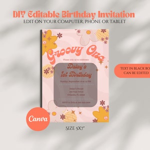 Op de afbeelding: Een roze en oranje DIY bewerkbare verjaardagsuitnodiging met de tekst "Groovy One" en "Daisy's 1st Birthday". De uitnodiging bevat bewerkbare tekstvakken en een Canva-logo. De afmeting is 12,7 x 17,8 cm.