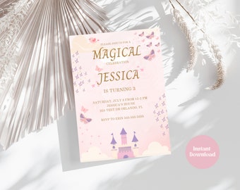 Sjabloon verjaardagsuitnodiging prinses: magisch kasteel, vlinders (digitale download)