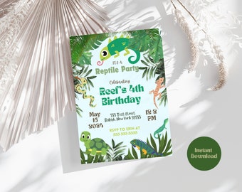 Reptielenverjaardagsuitnodiging: hagedis, slang, schildpadfeest (digitale download)