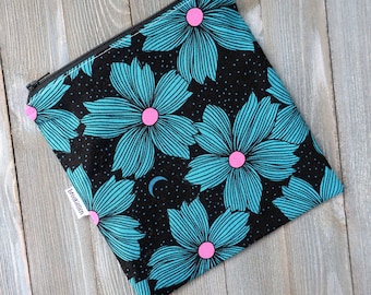 Sandwich Bag Reusable Teal and Hot Pink Flowers Ready to Ship