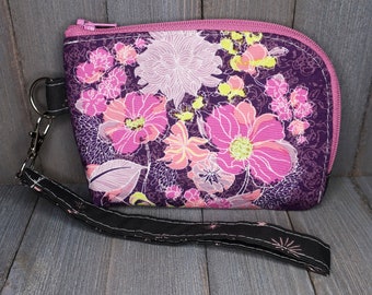 Petit portefeuille incurvé avec bracelet violet floral, prêt à être expédié