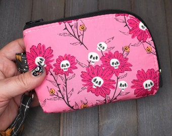 Wristlet Curved Wallet Small Spooky Floral Skulls Ready to Ship