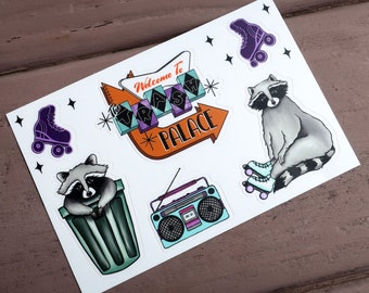 Vinyl Sticker Sheet Raccoons Rollerskate Trash