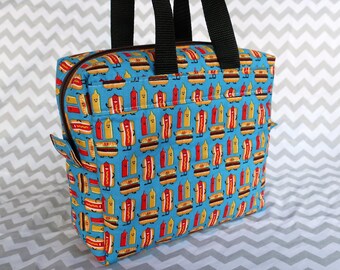 Sac à lunch isotherme : imprimé hot-dogs et hamburgers, doublure lavable
