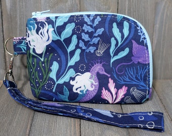 Wristlet Curved Wallet Small Mermaids and Seahorses Ready to Ship