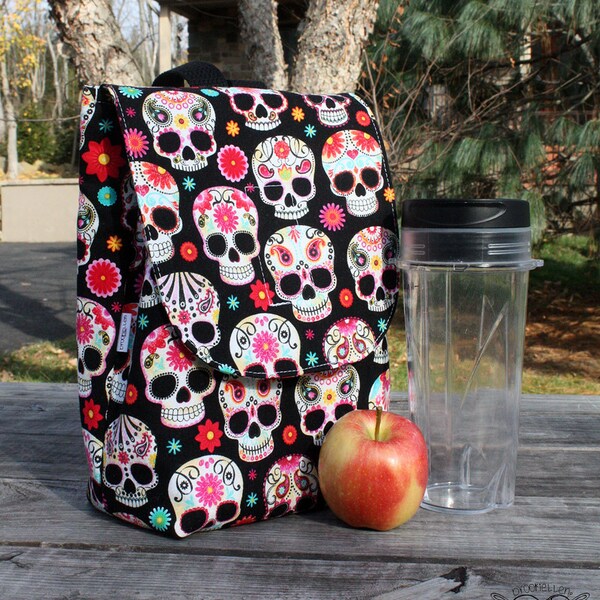 Floral Skulls Lunch Bag Insulated Reusable Lunch Box made to order