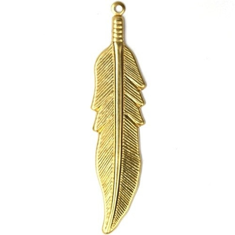 Feather Stamping Charms Large 54mm Raw Brass 6 CP050 image 1