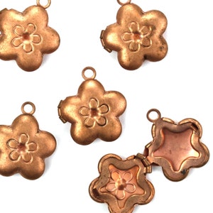 Puede incluir: Cinco colgantes de medallón en forma de flor de color cobre con un pequeño diseño de flor en la parte delantera. Los medallones se abren para revelar un pequeño espacio en el interior.
