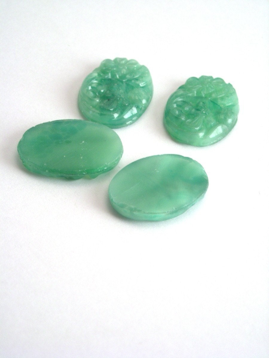 Vintage Japanese Glass Floral Carved Oval Cabochons - 19x14