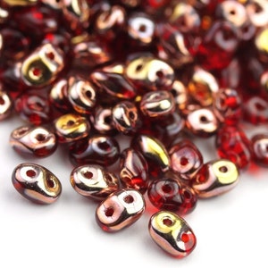 Czech Glass SuperDuo 2 Hole Seed Beads Red Capri Gold (10 Grams) CZS034