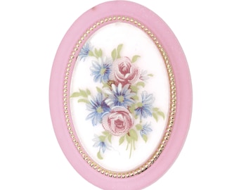 Vintage Floral Cabochons Pink 40x30mm Rose Flower Plastic Cameo Matte Crystal Gold German (1) VIC483