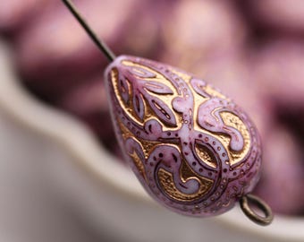 Large Acrylic Teardrop Lilac and Gold Beads Etched Ornate Baroque Vintage Style Flat Drop (6) PB028
