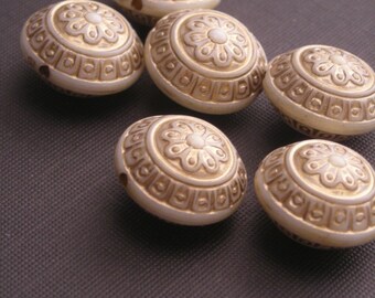 Vintage Beads Plastic Ivory and Gold Floral Etched Puffed 15x10mm Puffy Coin VPB172