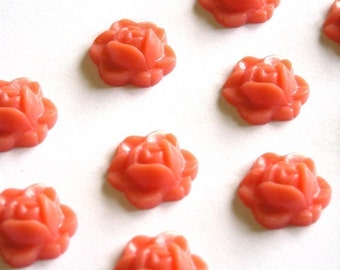 Vintage Japanese 10mm Plastic Coral Rose Cabochons Flat Back 10 Pieces Floral VPC006