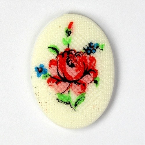 Vintage Plastic Floral Cameo Cabochon 25x18mm Petit Point Red, Ivory …