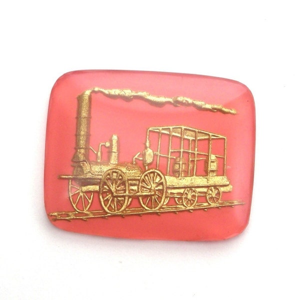 Vintage Western Germany Glass Intaglio Steam Engine Pink and Gold Cabochon Train VIC026