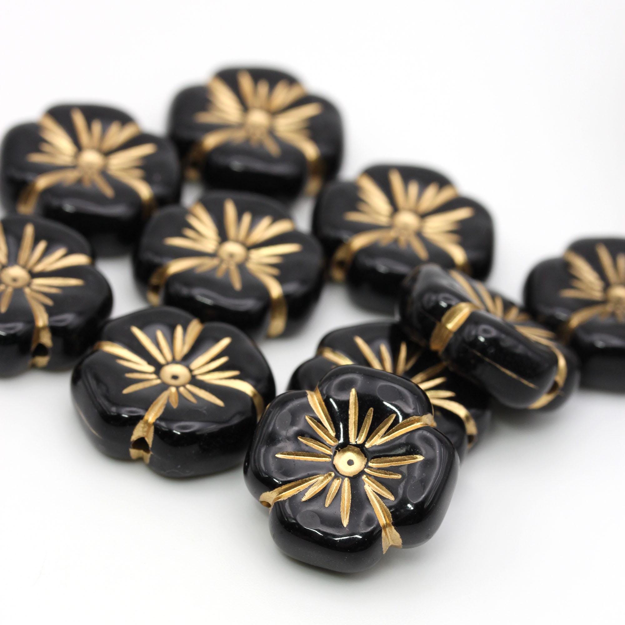 ブラックゴールドアクリルエッチングフラワービーズ彫刻フラワー20mm