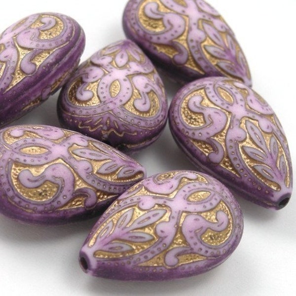 6 Large Vintage Style Lilac and Gold Drop Beads PB028