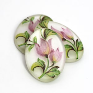 Vintage Floral Cabochons 25x18mm Pink Flower Plastic Cameo Matte Crystal German (2) VIC456