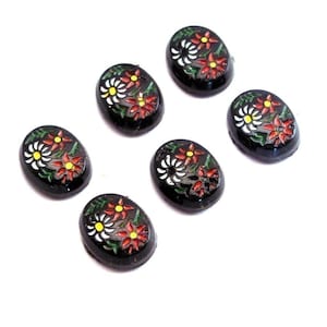 Vintage Glass Japanese Floral Intaglio 10x8mm Jet Black Cabochon VIC056
