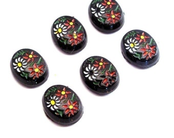 Vintage Glass Japanese Floral Intaglio 10x8mm Jet Black Cabochon VIC056