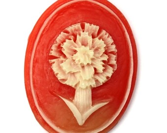 Vintage Plastic Floral Cameo 40x30mm Carnelian and Ivory Color Carved Look (1) VIC363