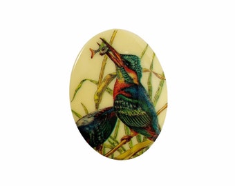 Vintage West German Plastic Cabochon 40x30 Kingfisher Bird Style 1 Oval Picture Limoge Flat Back Jewelry Making Supplies VPC109