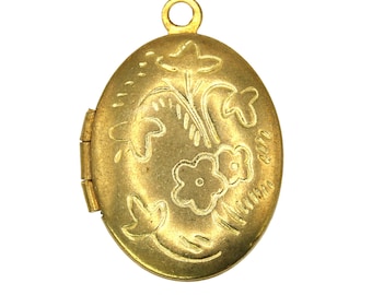 Vintage Raw Brass Lockets Floral Oval 21mm Engraved Etched Charms Pendant (4) BLO17