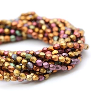 Czech Glass Beads Fire Polished Faceted Rounds 3mm Matte Metallic Bronze Iris (50) CZF813