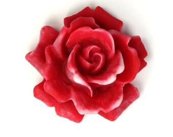 Plastic Flower Cabochons Rose Large Matte Red and White 34mm (2) PC240