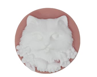 May include: A white cat cameo with a detailed relief carving, set against a soft pink oval background. The cat has fluffy fur and is adorned with floral accents. This decorative piece is ideal for jewelry or craft projects.
