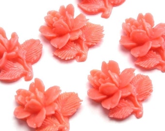 Vintage Japanese Coral Plastic Rose with Stem Cabochons 14x13mm Flat Back Glue On Flower Pink Jewelry Supplies DIY Embellishment VPC049