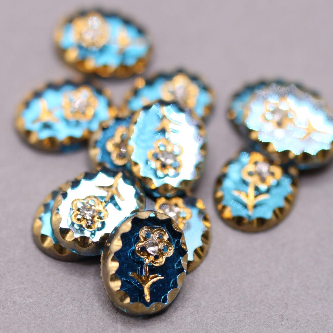 ヴィンテージ ガラス カボション インタリオ フラワー シャトン アクア 