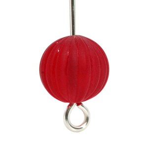 May include: A close-up of a red, round bead with vertical grooves. The bead is attached to a silver-colored metal eye pin. The bead is a vibrant red color and has a smooth, glossy finish. The eye pin is a simple loop.