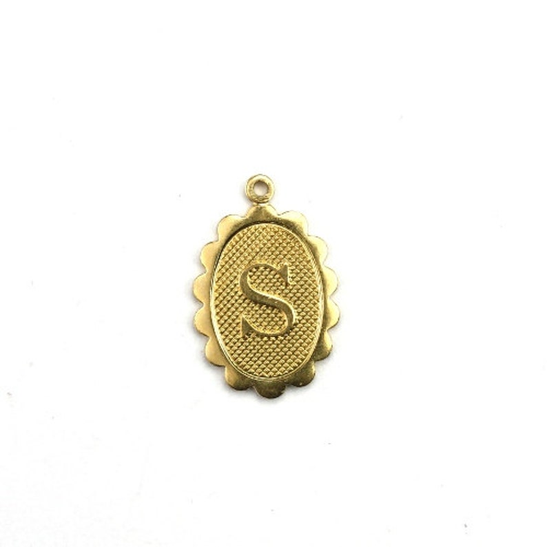 Letter S Initial Charm Scalloped Oval Raw Brass 4 CP269 image 1