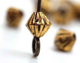 Vintage Plastic Beads Antique Gold Ribbed Bicone Fluted Etched 5mm Lucite Carved Engraved Spacers (18) VPB298