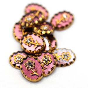 Vintage Glass Cabochon Intaglio Flower Chaton Rose Pink Gold 10x8mm Oval Flat Back West German Victorian Engraving (1) VGC497