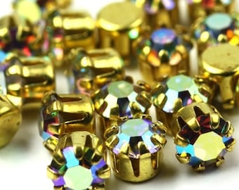 Vintage Swarovski Rhinestones Raw Brass Setting 19ss Crystal AB (10) VS013