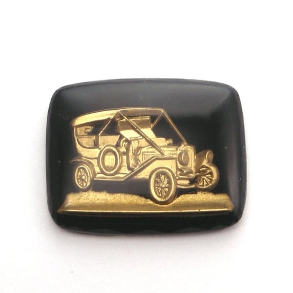 Vintage Western Germany Glass Intaglio Old Style Car Black and Gold Cabochon VIC025