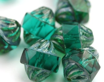 Czech Glass Beads Fire Polished Turbine Emerald Picasso 12x9mm (10) CZF720