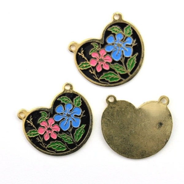 Vintage Enamel Floral Charm Pendant Gold Plated Black Style 5 (2) VCP094