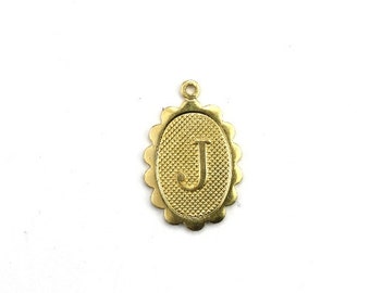 Letter J Initial Charm Scalloped Oval Raw Brass (4) CP268