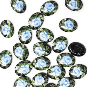 Vintage Cabochons Japanese Glass Floral Decal Rose Flat Back 8x6mm Oval Porcelain Blue on Black (6) VGC481