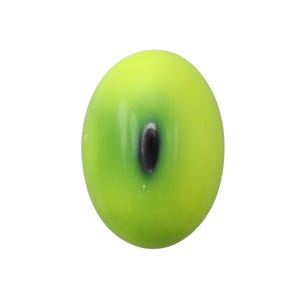 May include: A close-up of a single, oval-shaped, lime green eye with a black pupil. The eye has a glossy finish and is set against a plain white background. The eye is likely a component for crafts or toys.