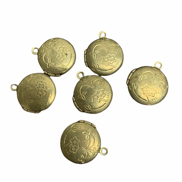 Vintage Raw Brass Lockets Small Floral Round 12mm Dainty Engraved Jewelry Making Charms Pendant (6) BLR08