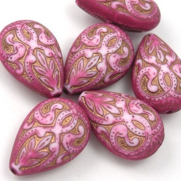 6 Large Vintage Style Pink and Gold Drop Beads PB030