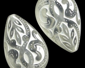 X-Large Vintage Plastic Ornate Teardrop Bead Frosted Crystal and White VPB119